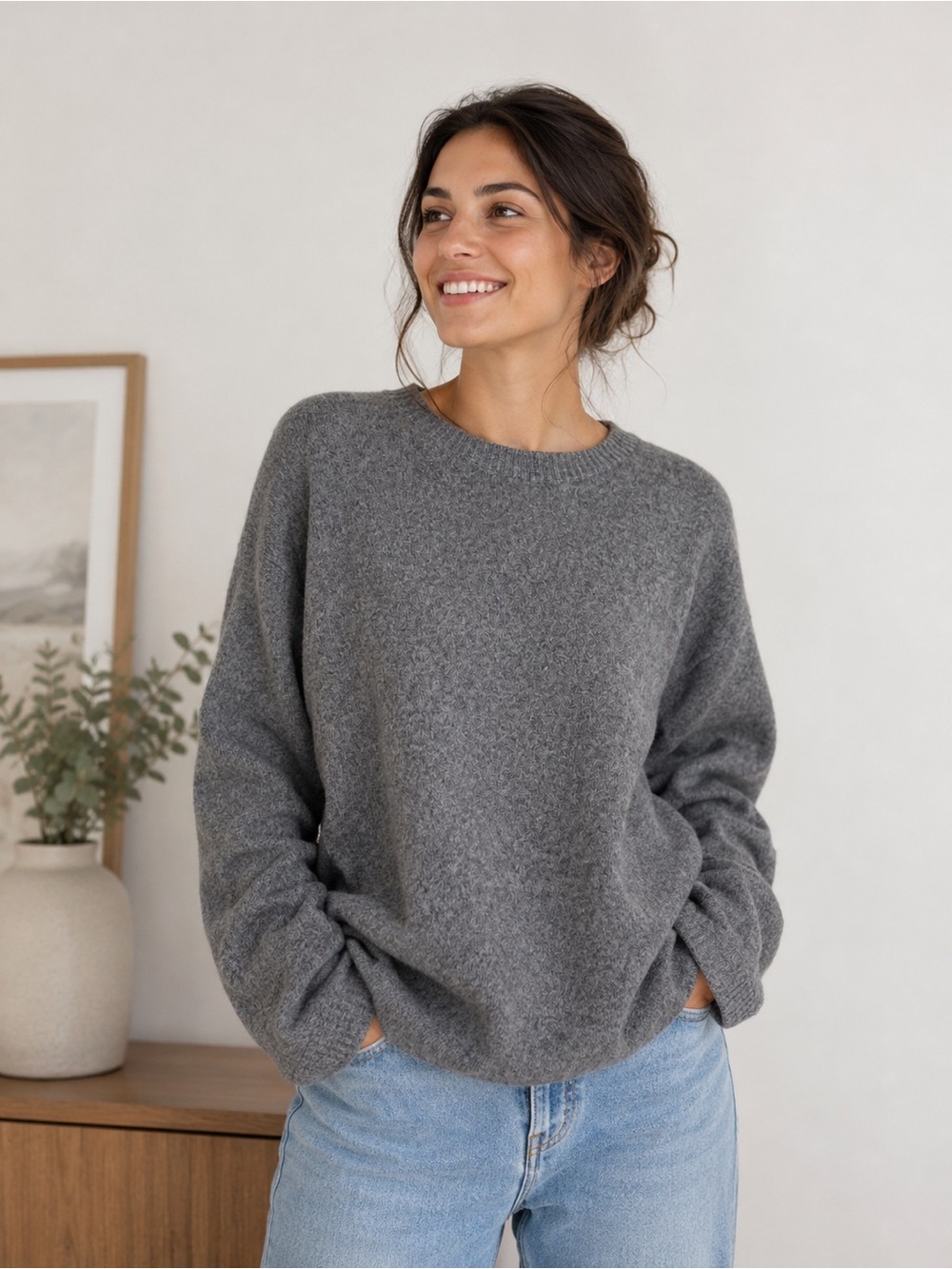 Zara Womens Gray Oversized Soft Crewneck Sweater, Size Large